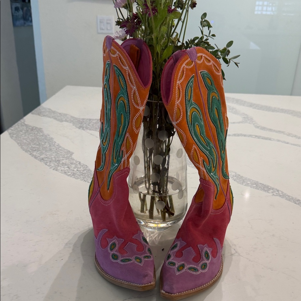 Jeffrey Campbell Multicolor Suede Western Heeled Boots - Pink, Orange, Teal